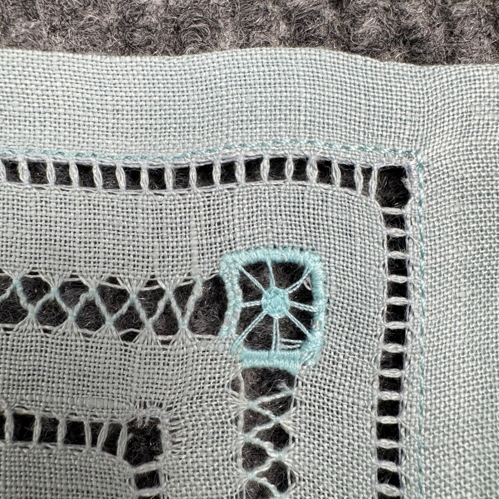 Vtg Mid Century Cocktail Napkins SET of 8 Aqua Drawn Thread Embroidery 6.5x6.5